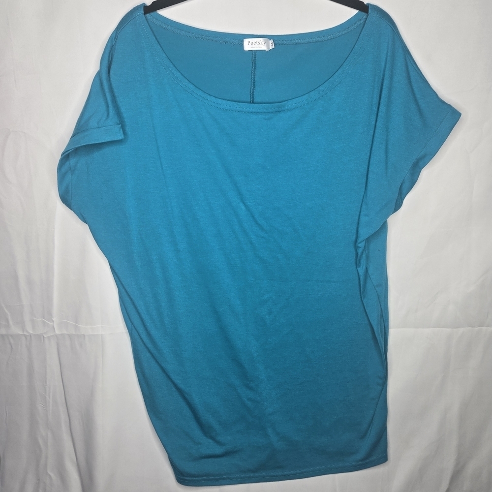 Medium POETSKY Teal Oversized Dolman Short Sleeve Top Caaual Versatile Oversized